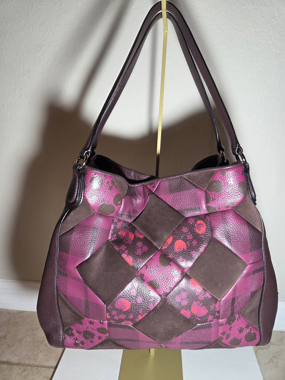Coach Oxblood Patchwork Floral Print Edie Turn Lock Leather/Suede Shoulder Bag - Picture 2 of 8
